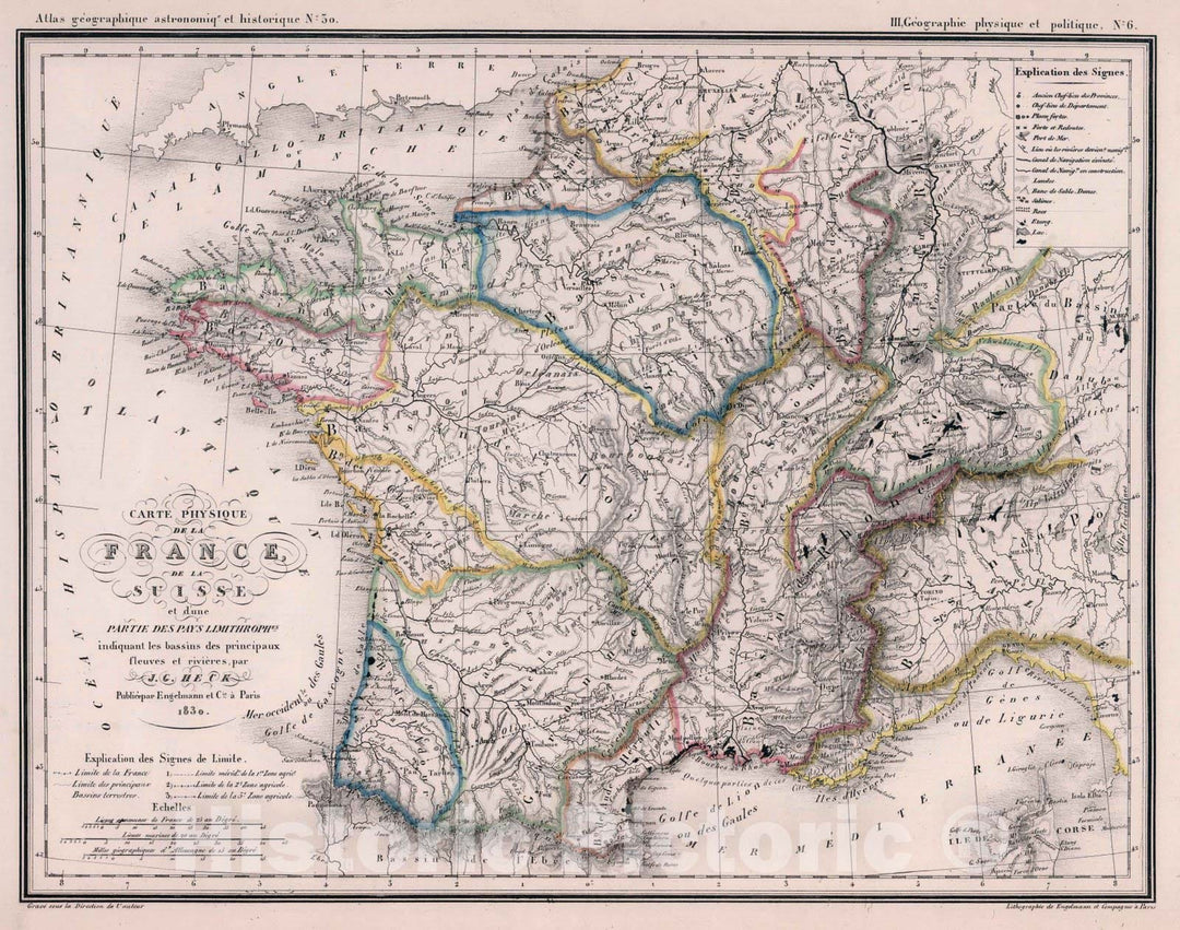 Historic Map : France,30. Carte Physique de la France de la Suisse. 1830 , Vintage Wall Art