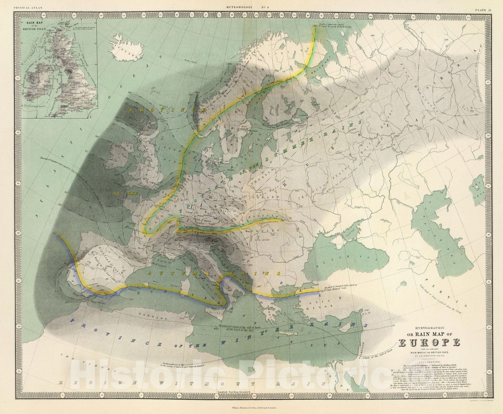 Historic Map : Hyetographic map Europe, 1856 - Vintage Wall Art