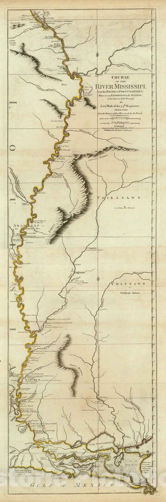 Historic Map : Course of the River Mississipi, from the Balise to Fort Chartres; Taken on an Expedition to the Illinois, 1775, Robert Sayer, Vintage Wall Art