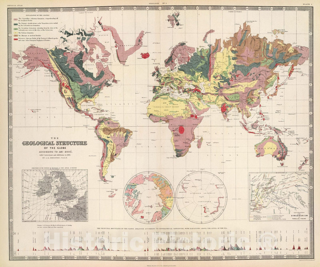 Historic Map : Physical Atlas Map, Geological structure of globe. 1856 - Vintage Wall Art