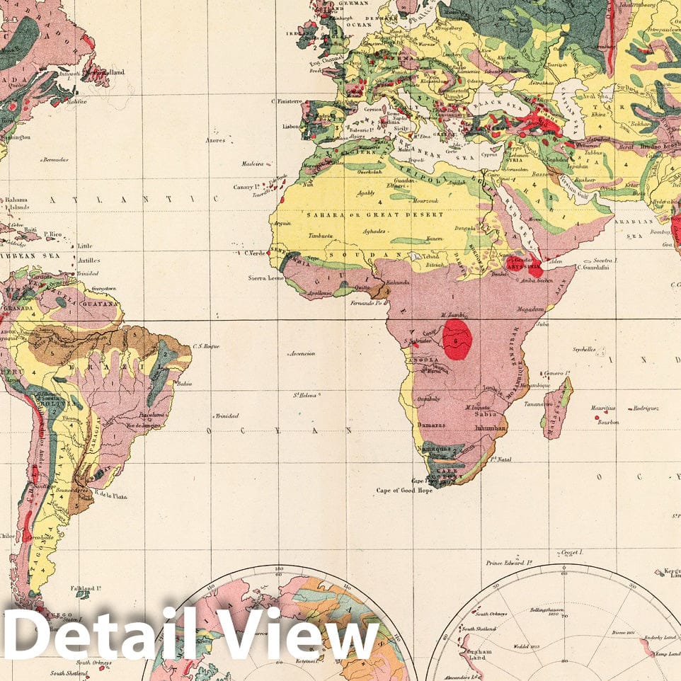 Historic Map : Physical Atlas Map, Geological structure of globe. 1856 - Vintage Wall Art