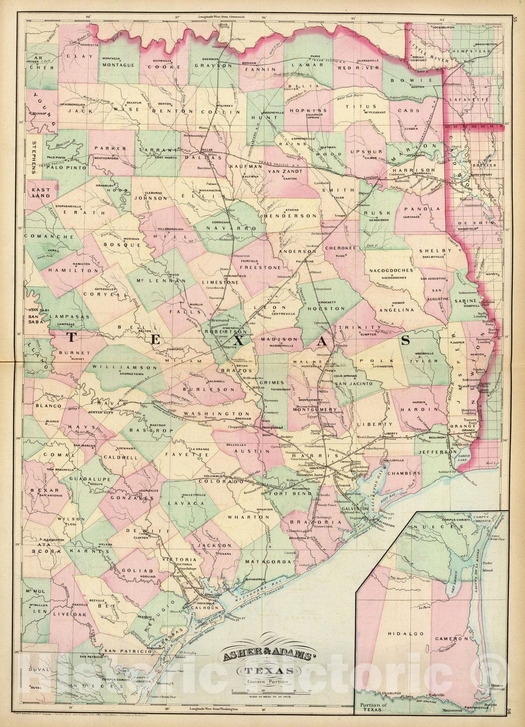 Historic Map : Texas, Texas E portion. 1874 , Vintage Wall Art