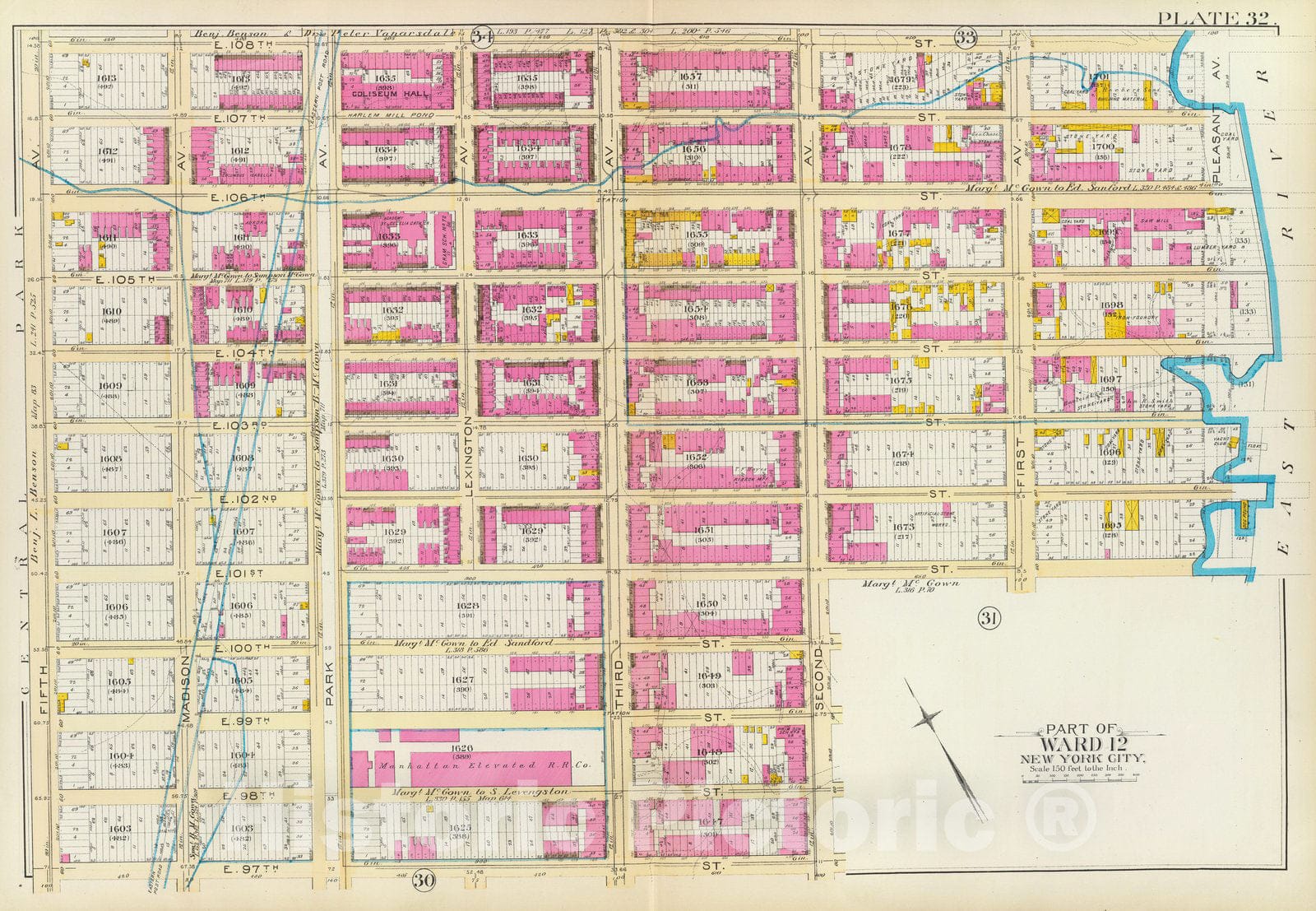 Historic Map : Manhattan Fire Insurance City Atlas Map, Pl. 32: ward 12. 1891 - Vintage Wall Art