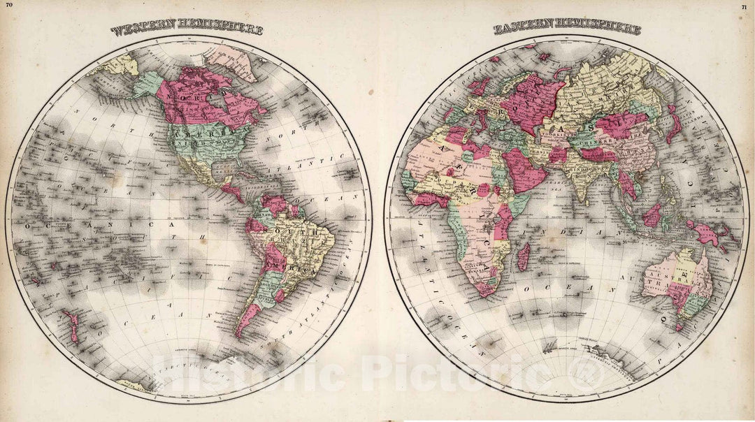 Historic Map : Eastern Hemisphere. Western Hemisphere., 1873, Vintage Wall Decor