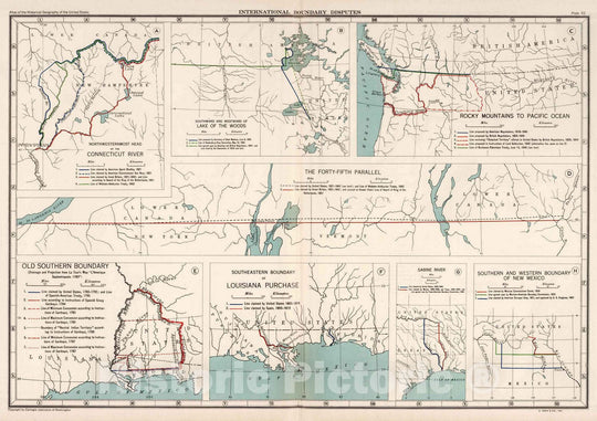 Historic Map : Atlas Map, Plate 93. International Boundary Disputes. Connecticut River. Lake of the Woods. The Forty-Fifth Parallel, etc. 1932 - Vintage Wall Art