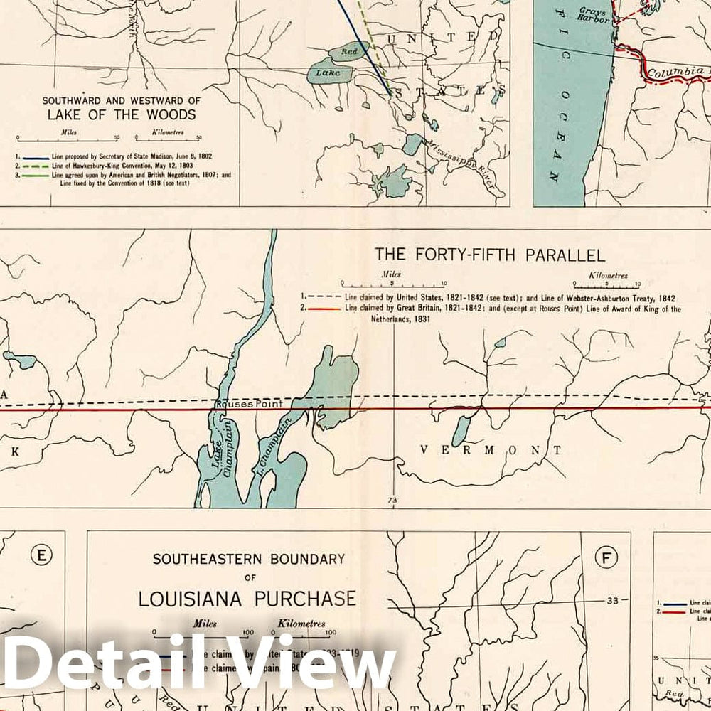 Historic Map : Atlas Map, Plate 93. International Boundary Disputes. Connecticut River. Lake of the Woods. The Forty-Fifth Parallel, etc. 1932 - Vintage Wall Art