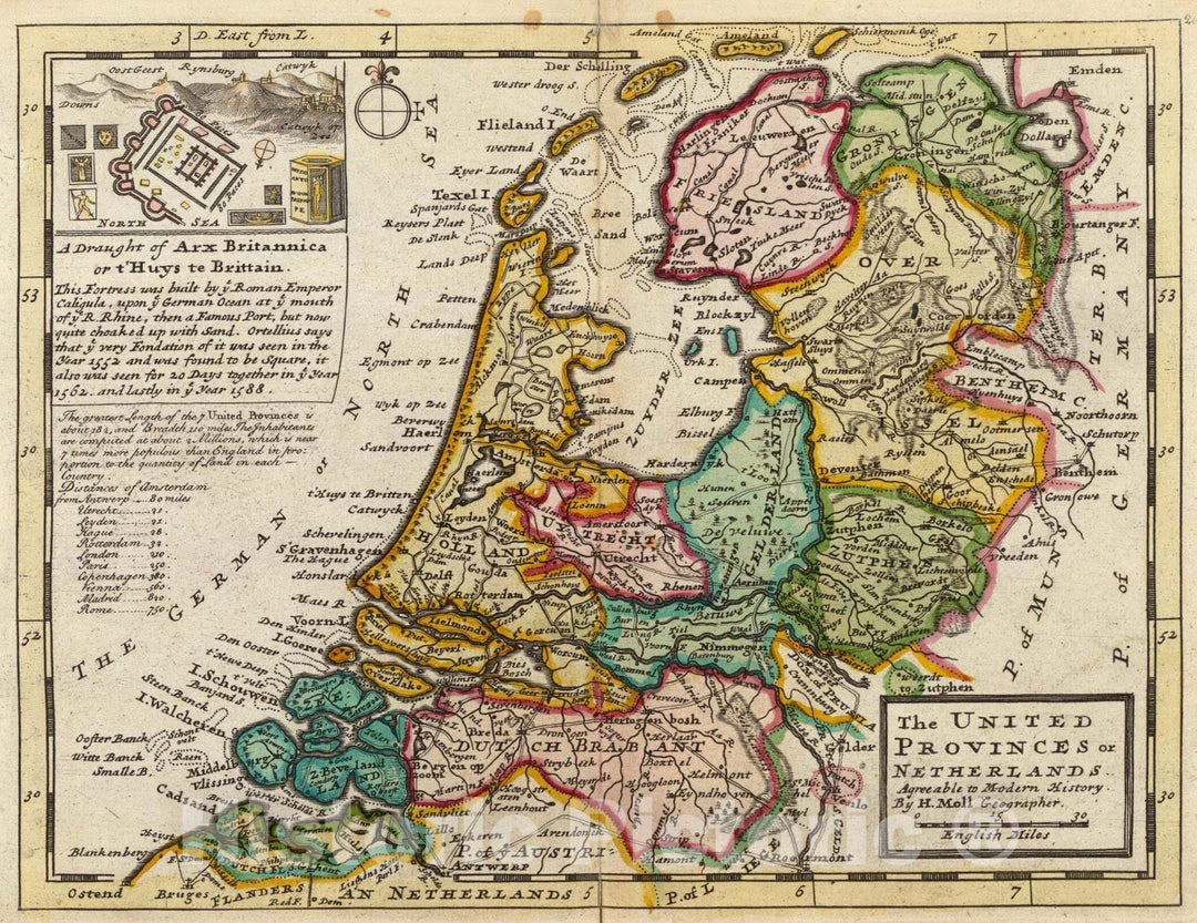 Historic Map : World Atlas Map, The United Provinces or Netherlands and Arx Britannica. 1736 - Vintage Wall Art