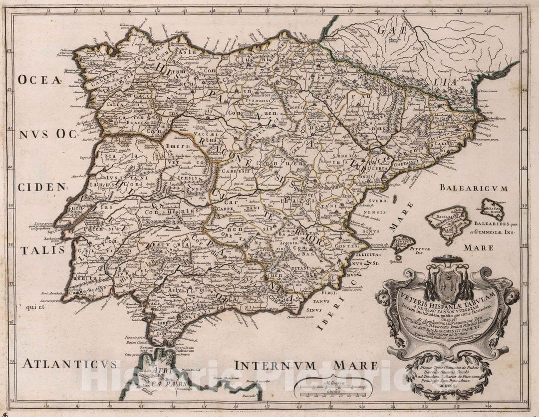 Historic Map : Spain, Iberian Peninsula, EuropeVeteris Hispaniae Tabulam 1710 , Vintage Wall Art