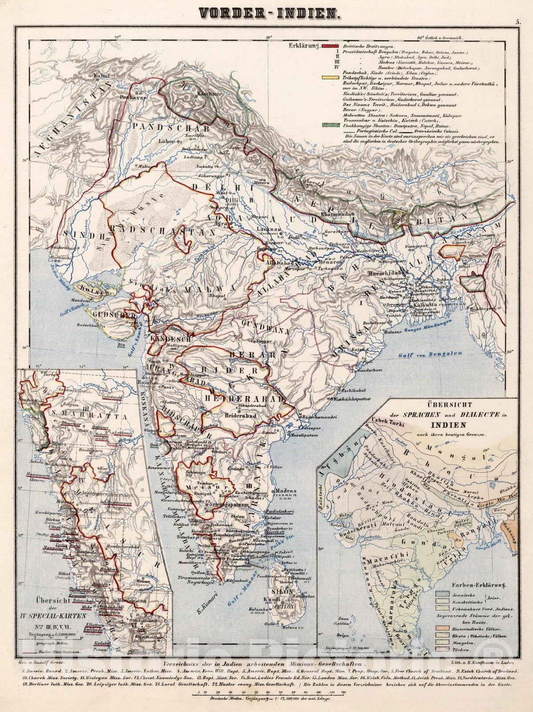 Historic Map : India, Religious Atlas Map, Vorder-Indien. (India.) 1859 , Vintage Wall Art