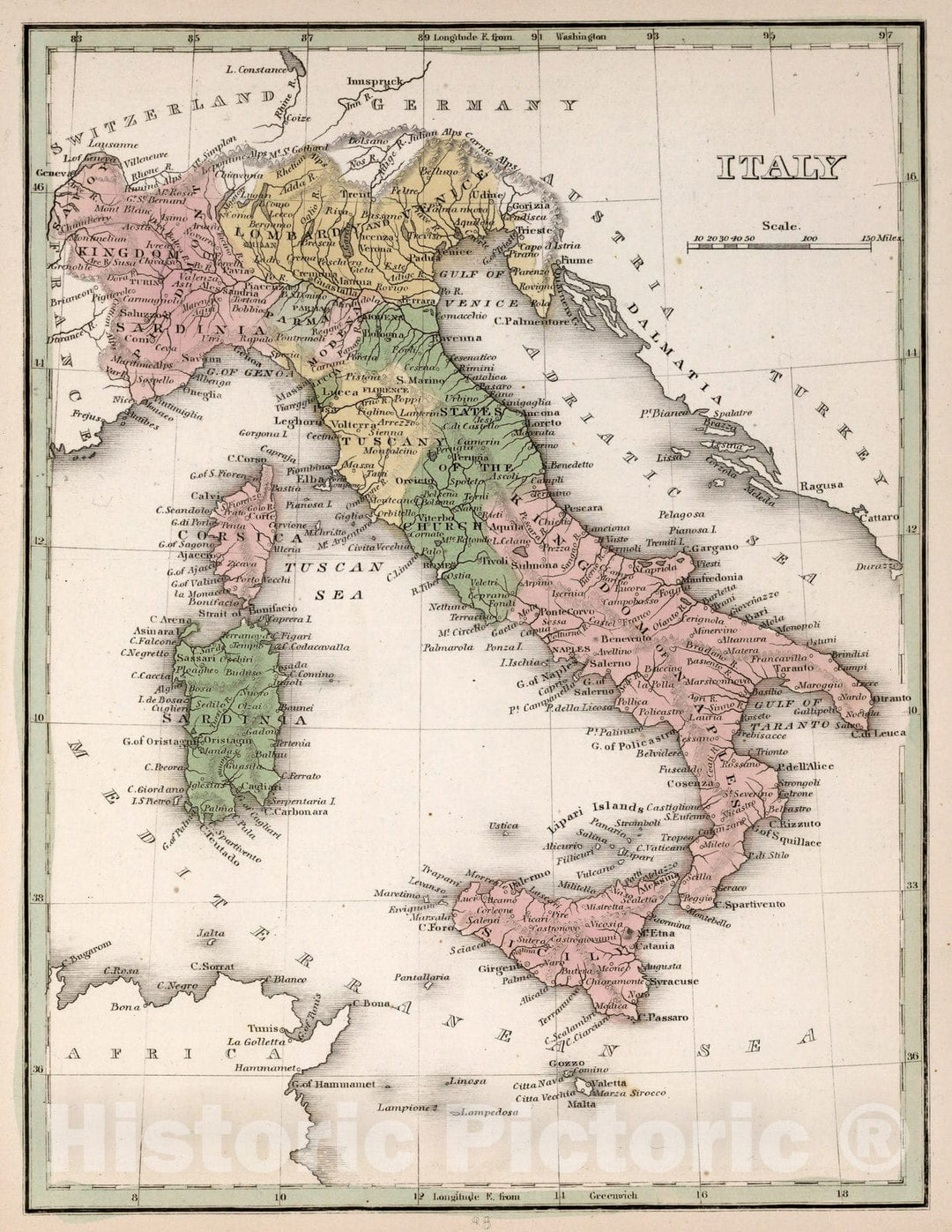 Historic Map : World Atlas Map, Italy 1838 - Vintage Wall Art