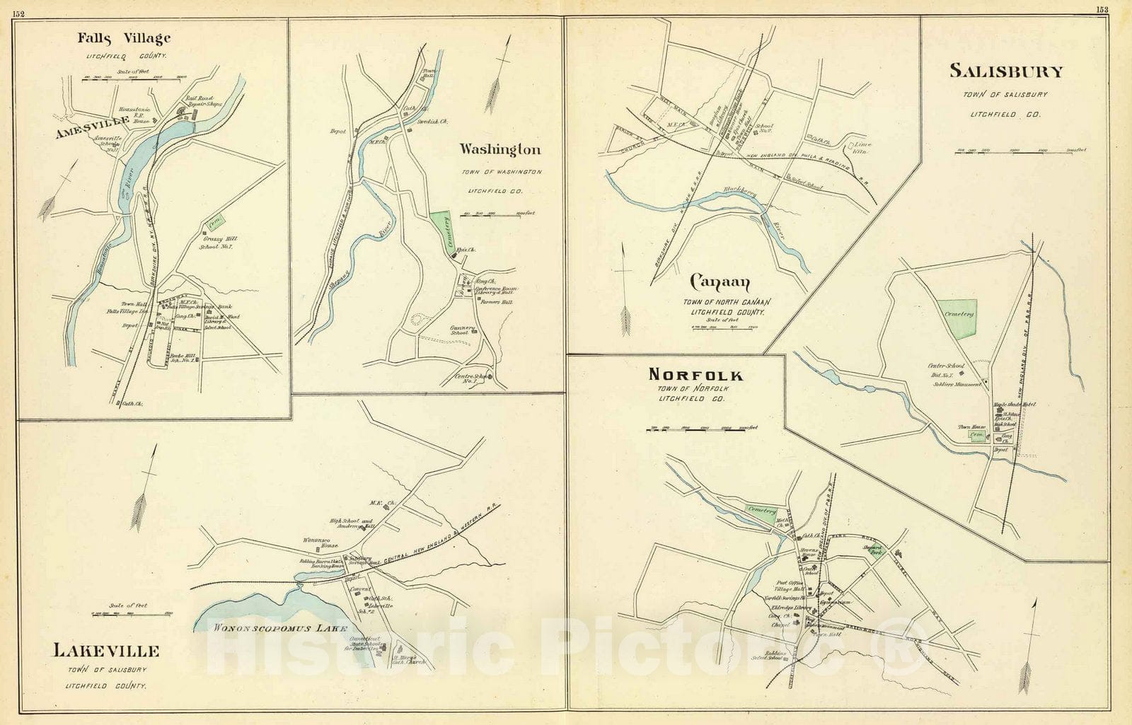 Historic Map : State Atlas Map, Lakeville, Norfolk, Salisbury. 1893 - Vintage Wall Art