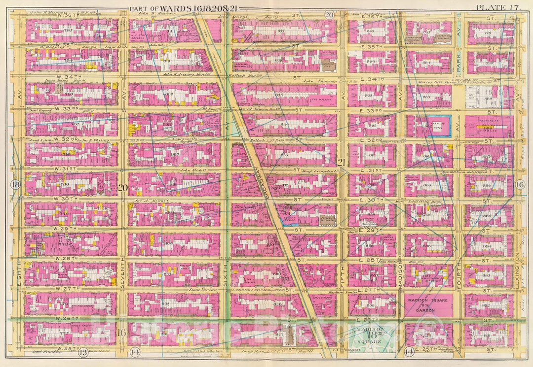 Historic Map : Manhattan Fire Insurance City Atlas Map, Pl. 17: wards 16, 18, 20-21. 1891 - Vintage Wall Art