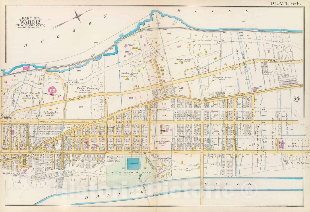 Historic Map : Manhattan Fire Insurance City Atlas Map, Pl. 44: ward 12. 1891 - Vintage Wall Art