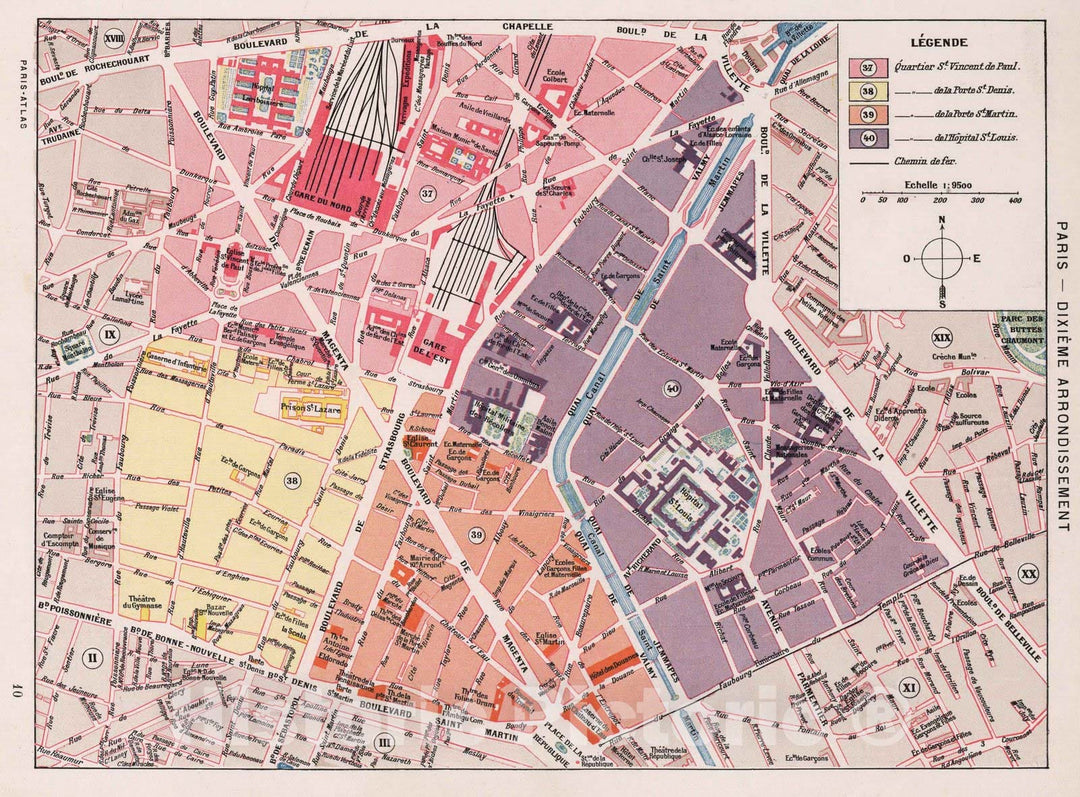 Historic Map : Paris , France, Paris (France), City Atlas Map, Paris - Dixieme Arrondissement. 1900 , Vintage Wall Art