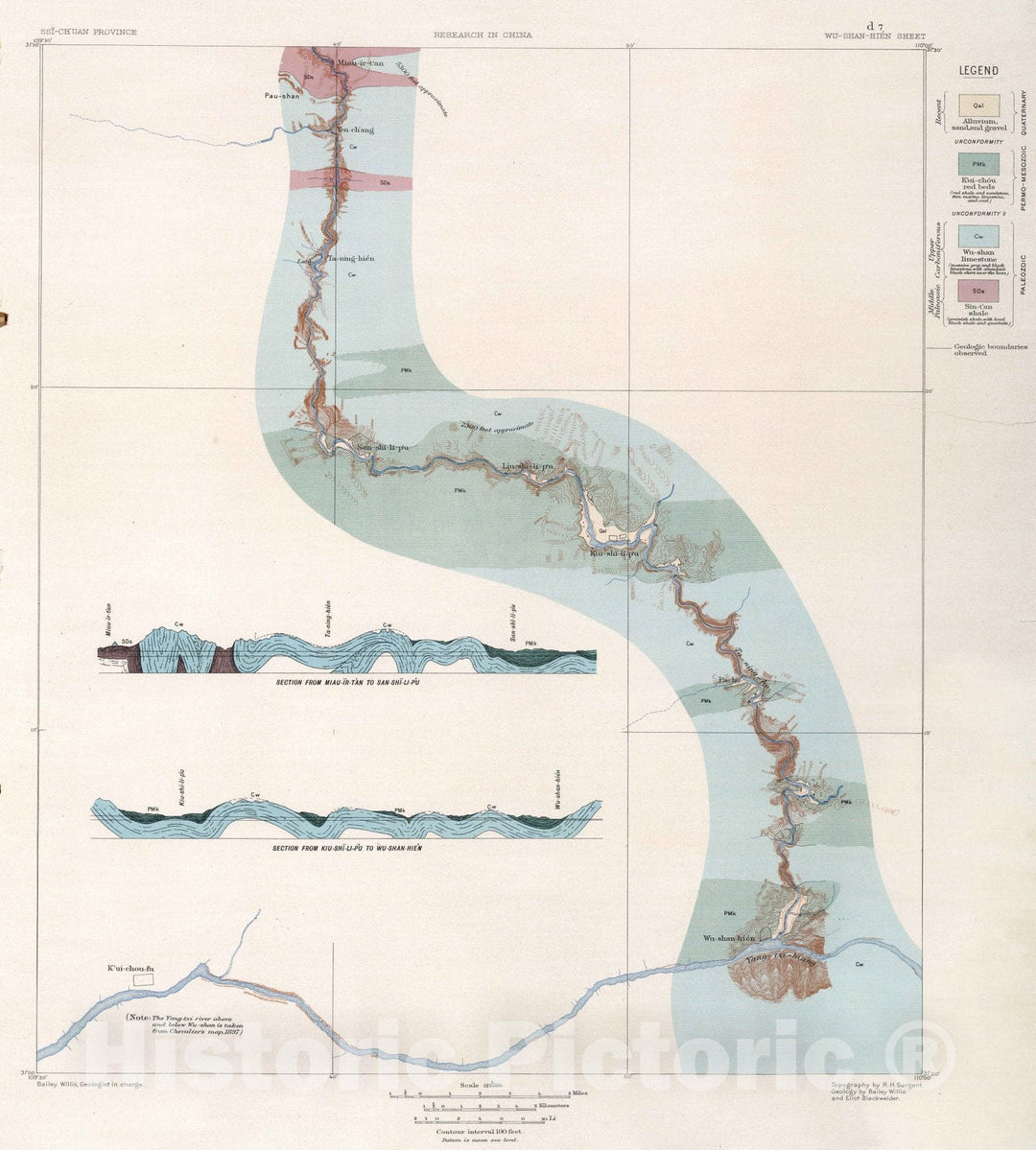 Historic Map : China, Geologic Atlas Map, d-7. Wu-Shan-Hien Sheet. 1906 , Vintage Wall Art