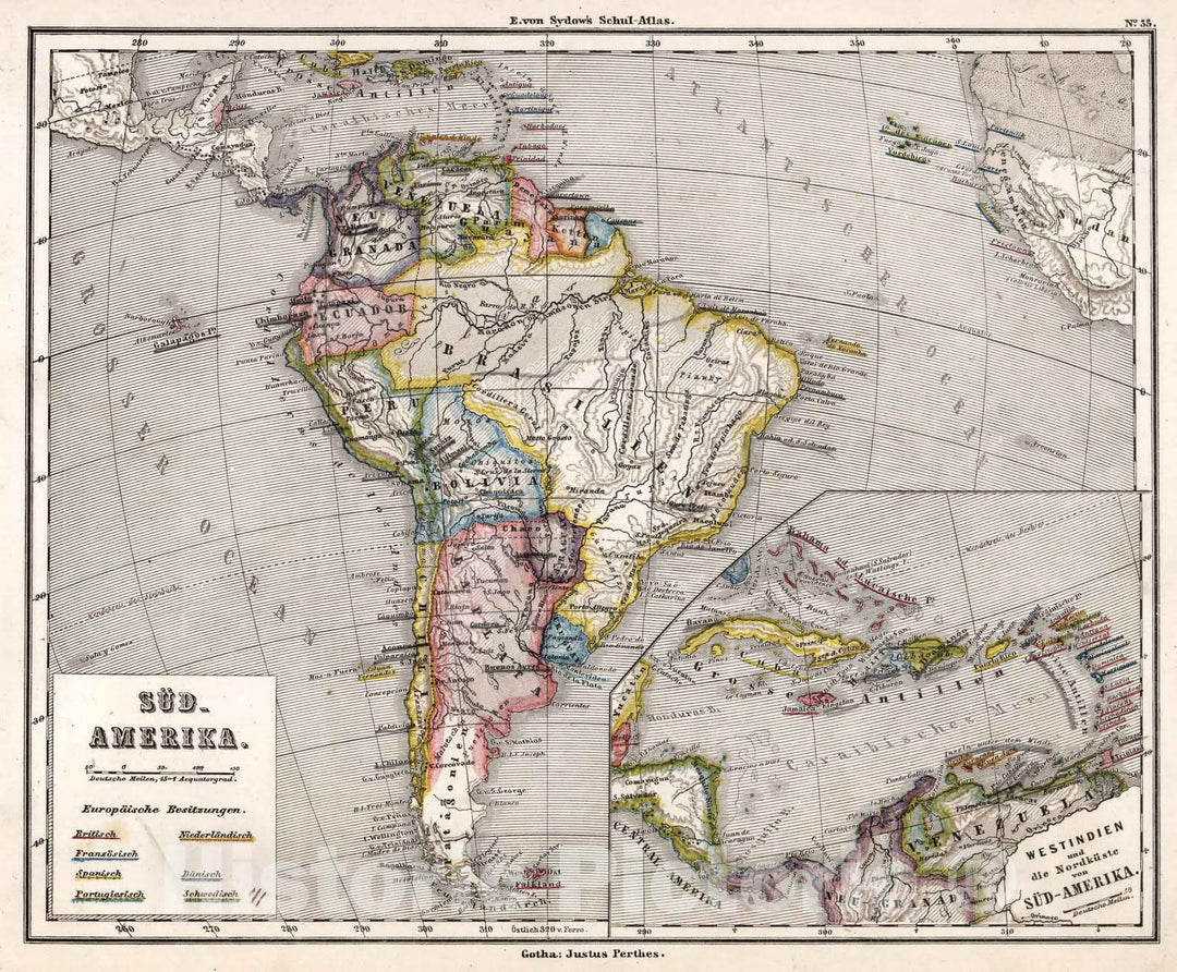 Historic Map : School Atlas Map, 35. Sued-Amerika. Westindien und die Nordkueste von Sued-Amerika. (South America, West Indies). 1872 - Vintage Wall Art