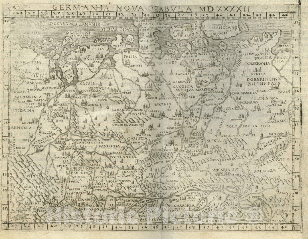 Historic Map : Germany, Europe, CentralGermania nova tabula MDXXXXII 1548 , Vintage Wall Art