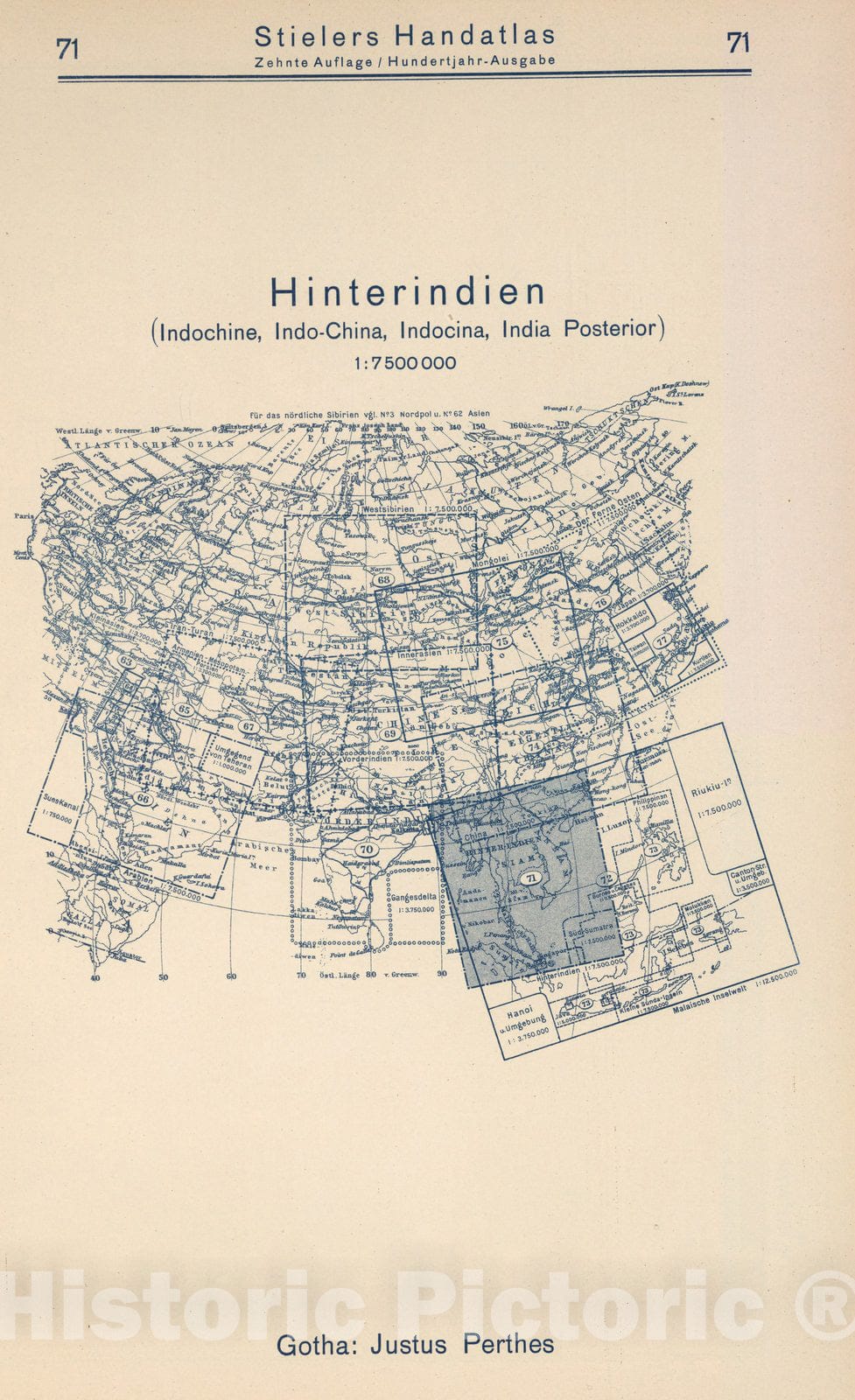 Historic Map : Index Map: 71. Hinterindien. Indochina, 1925 - Vintage Wall Art