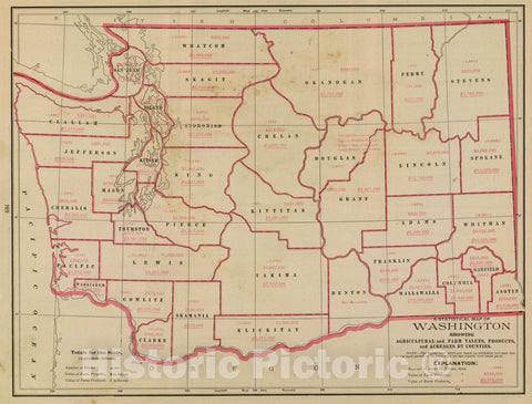 Historic Map : State Atlas Map, Washington agric, farm values, products, acreages. 1909 - Vintage Wall Art