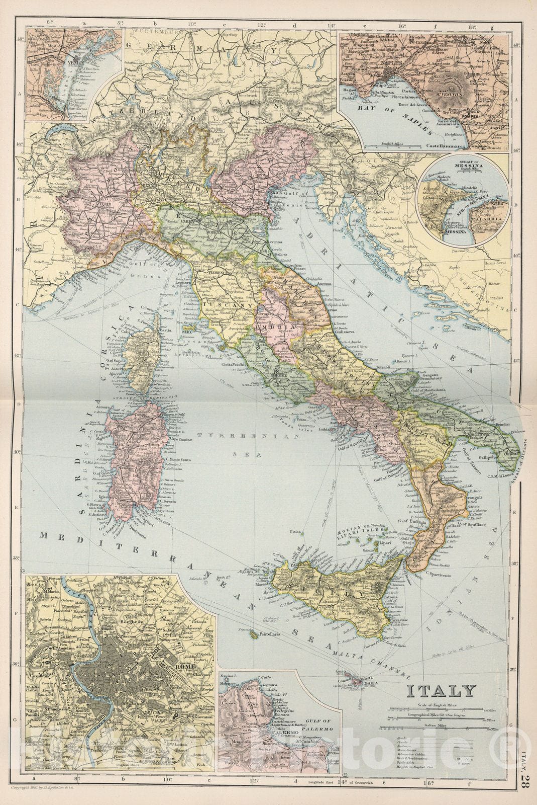 Historic Map : World Atlas Map, Italy. 28 1891 - Vintage Wall Art