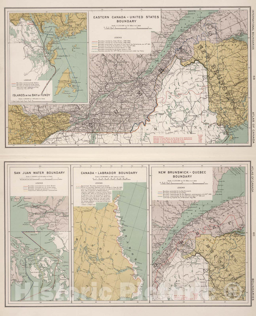 Historic Map : Eastern Canada - United States boundaries 1915 - Vintage Wall Art