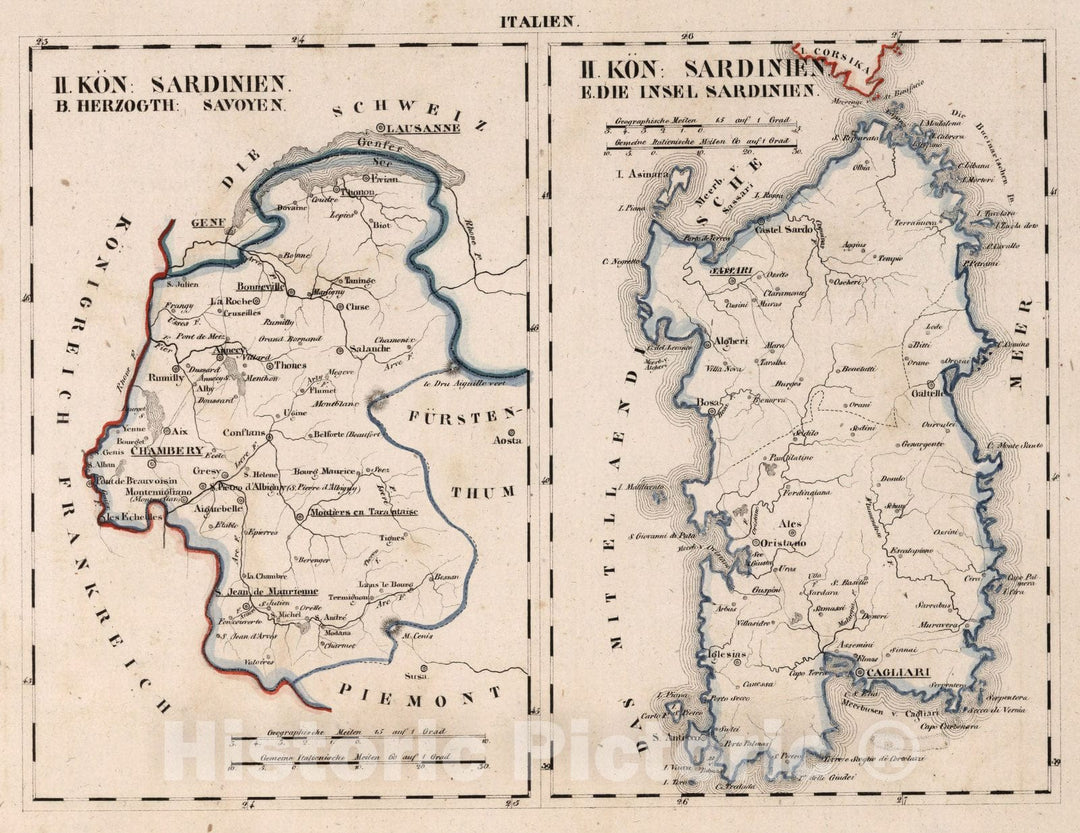 Historic Map : Italy, V.3:11-15:XIV. Italien. II. Das konigreich Sardinien 1829 , Vintage Wall Art