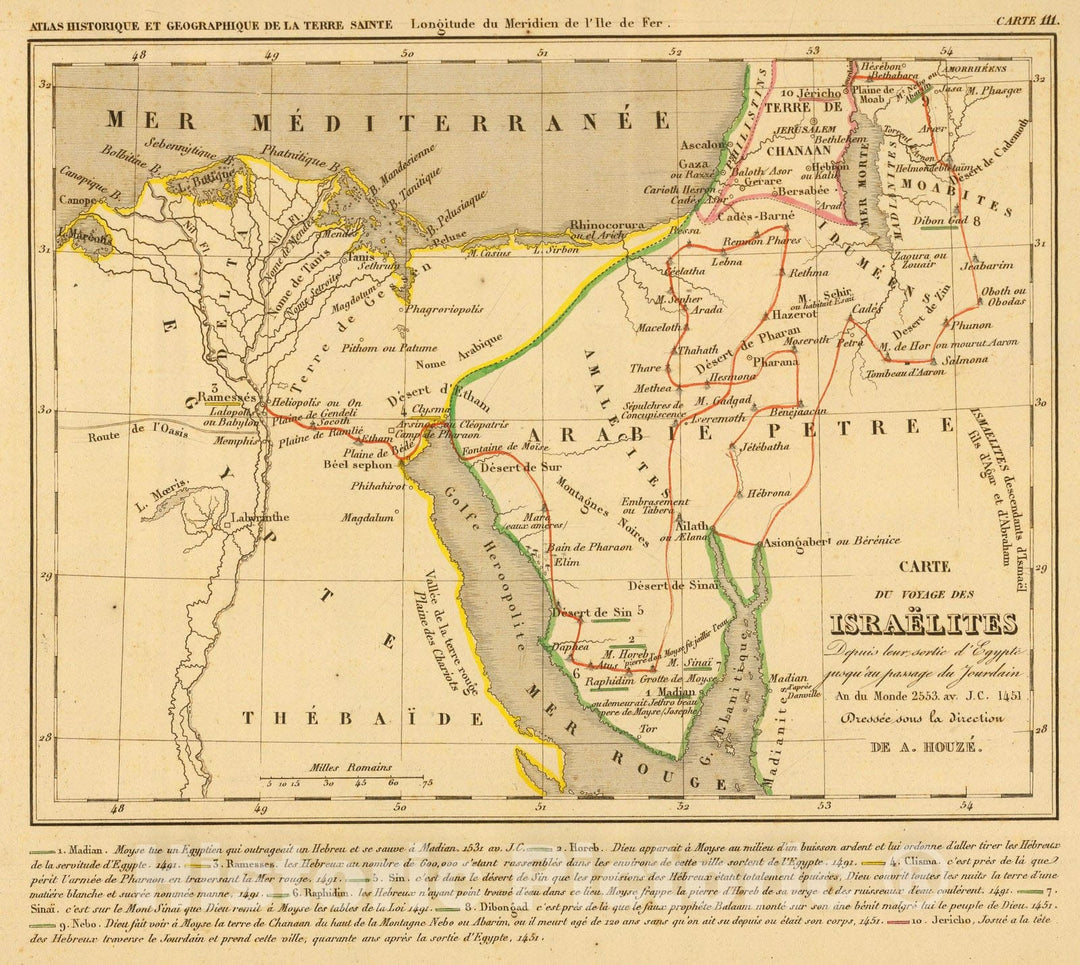 Historic Map : Egypt; Palestine, Middle EastVoyage des Israelites depuis leur sortie d'Egypte. 1844 , Vintage Wall Art