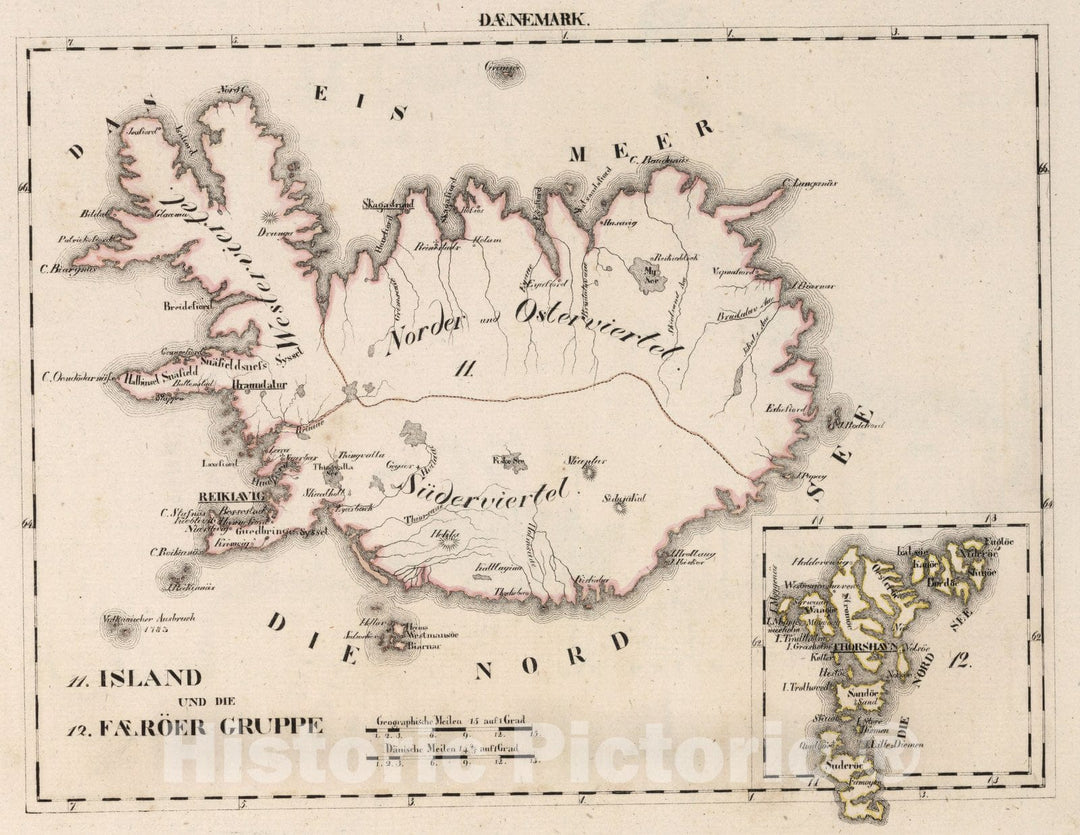 Historic Map : Denmark, Faroe Islands V.1:1-5: V: II: Daenemark: 11. Island und die 12. Faeroer Gruppe 1825 , Vintage Wall Art