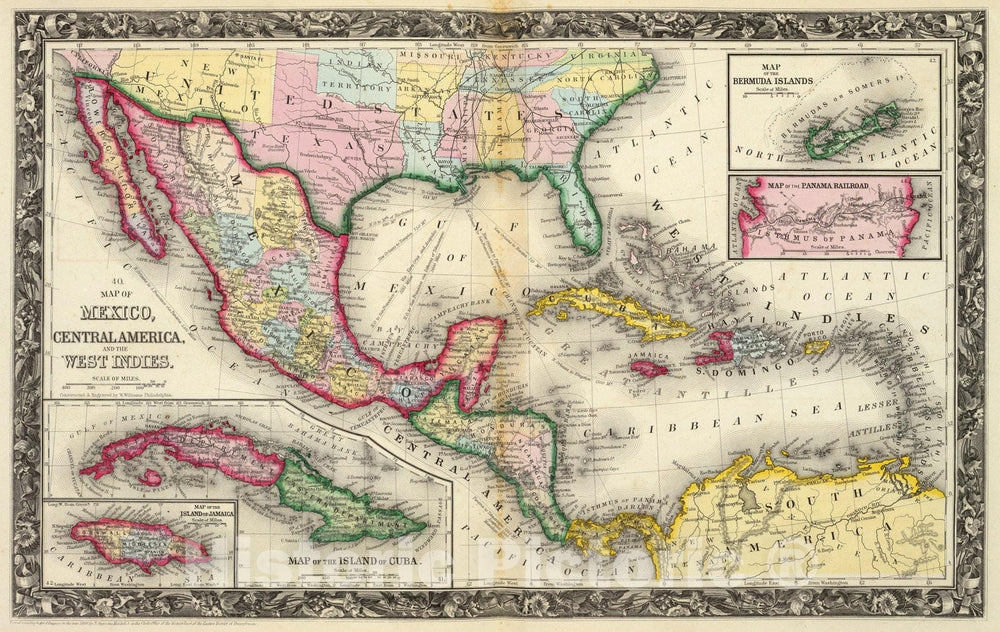 Historic Map - Map of Mexico, Central America, And The West Indies, 1860, - Vintage Wall Art