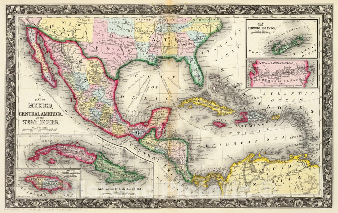 Historic Map - Map of Mexico, Central America, And The West Indies, 1860, - Vintage Wall Art