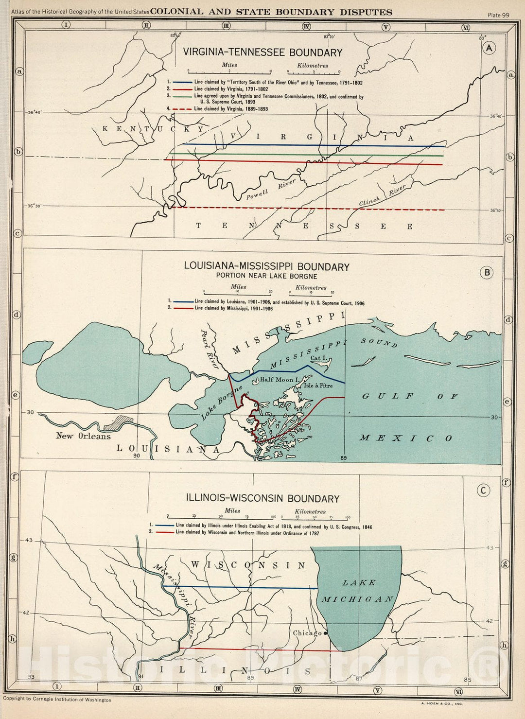 Historic Wall Map : Plate 99. Colonial and State Boundary Disputes. Virginia - Tennessee. Louisiana - Mississippi. Illinois - Wisconsin. 1932 - Vintage Wall Art