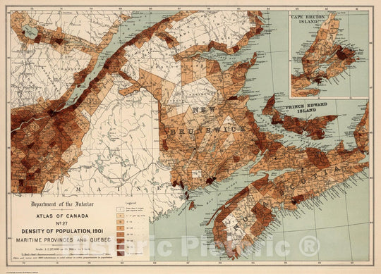 Historic Map : No. 27, Density of population, 1901; Maritime Provinces and Quebec 1906 - Vintage Wall Art