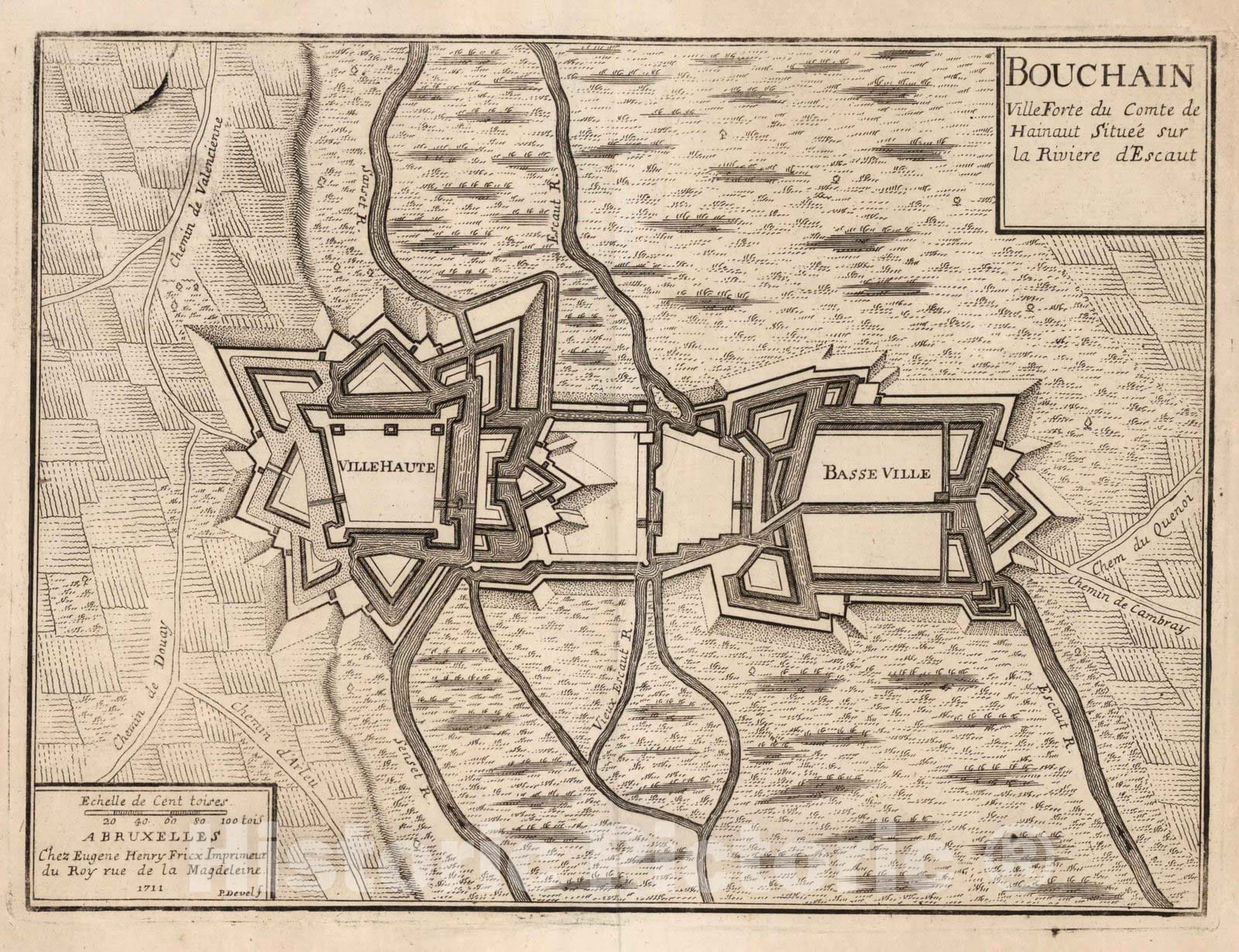 Historic Map : Bouchain , France,58. La Ville de Bouchain, France. 1711. 1711 , Vintage Wall Art