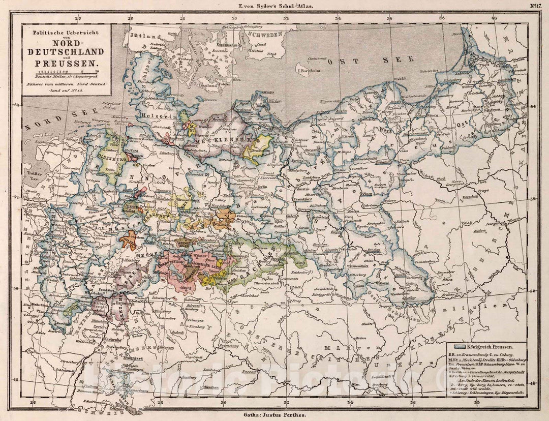 Historic Map : School Atlas Map, 17. Political Overview of Northern Germany and Prussia. 1872 - Vintage Wall Art