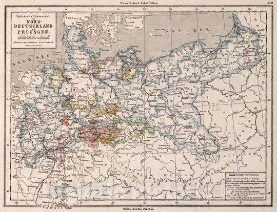 Historic Map : School Atlas Map, 17. Political Overview of Northern Germany and Prussia. 1872 - Vintage Wall Art