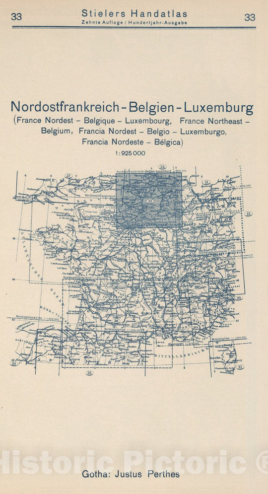 Historic Wall Map : Index Map: 33. Nordostfrankreich - Belgien - Luxemburg. France Northeast - Belgium, 1925 - Vintage Wall Art