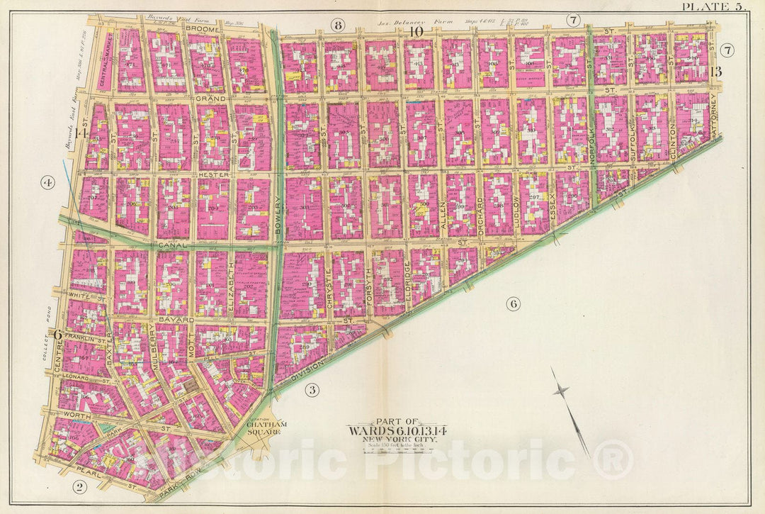 Historic Map : Manhattan Fire Insurance City Atlas Map, Pl. 5: wards 6, 10, 13-14. 1891 - Vintage Wall Art