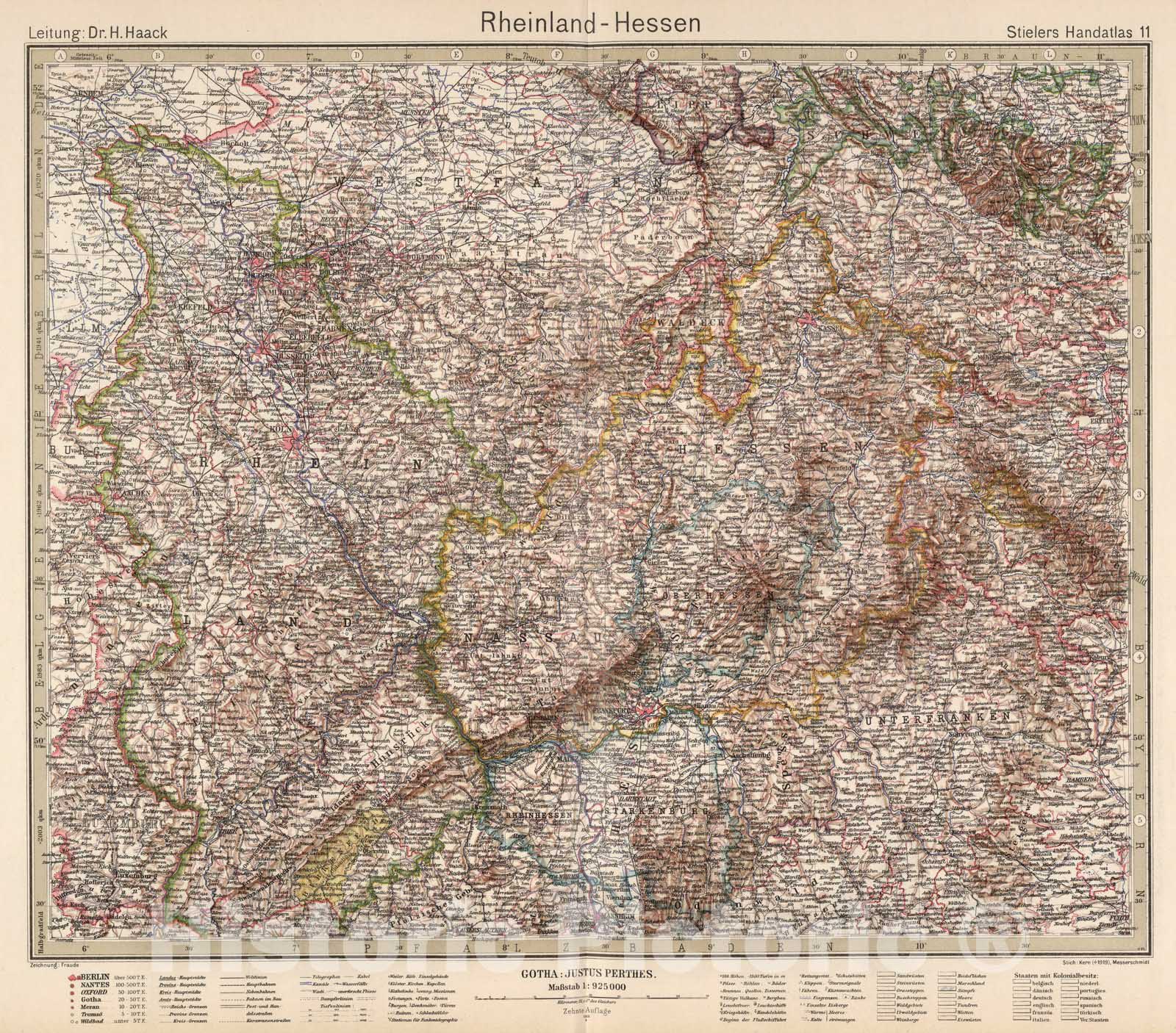 Historic Map : Germany,11. Rheinland - Hessen. Rhineland - Hessen. 1925 , Vintage Wall Art