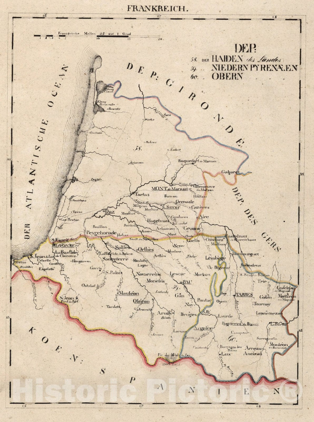 Historic Map : France, V.1:1-5: I: Frankreich. DEP: 58. Der Haiden des Landes. 59. Niedern Pyrenaeen. 60. Obern 1825 , Vintage Wall Art