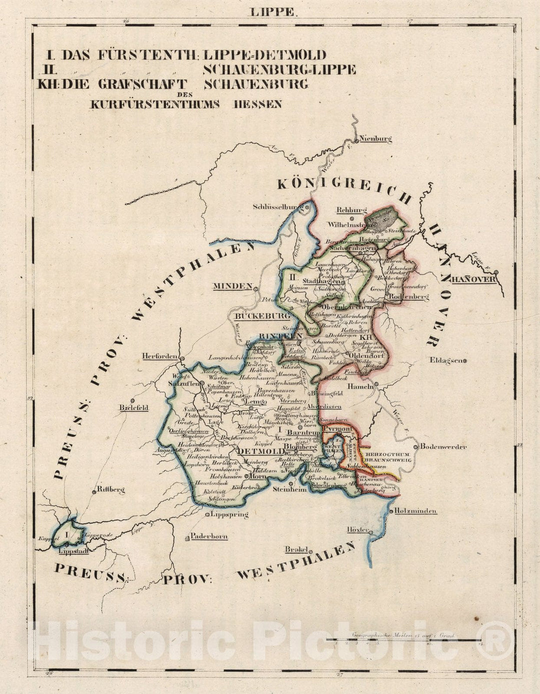 Historic Map : Germany, National Atlas Map, V. 2:6-10: VII: III. Lippe. I. Das Furstenth: Lippe=Detmold. II. Schauenburg=Lippe 1825 , Vintage Wall Art