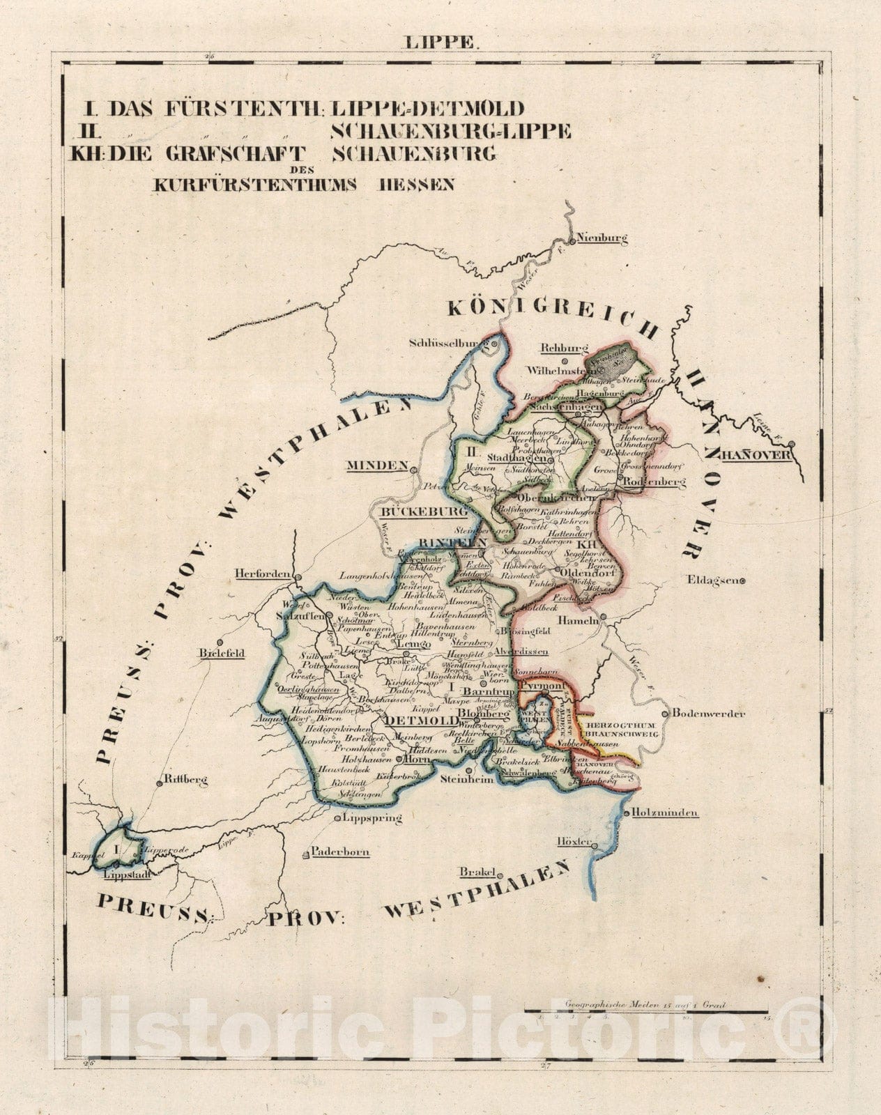 Historic Map : Germany, National Atlas Map, V. 2:6-10: VII: III. Lippe. I. Das Furstenth: Lippe=Detmold. II. Schauenburg=Lippe 1825 , Vintage Wall Art