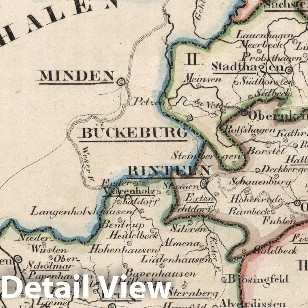 Historic Map : Germany, National Atlas Map, V. 2:6-10: VII: III. Lippe. I. Das Furstenth: Lippe=Detmold. II. Schauenburg=Lippe 1825 , Vintage Wall Art