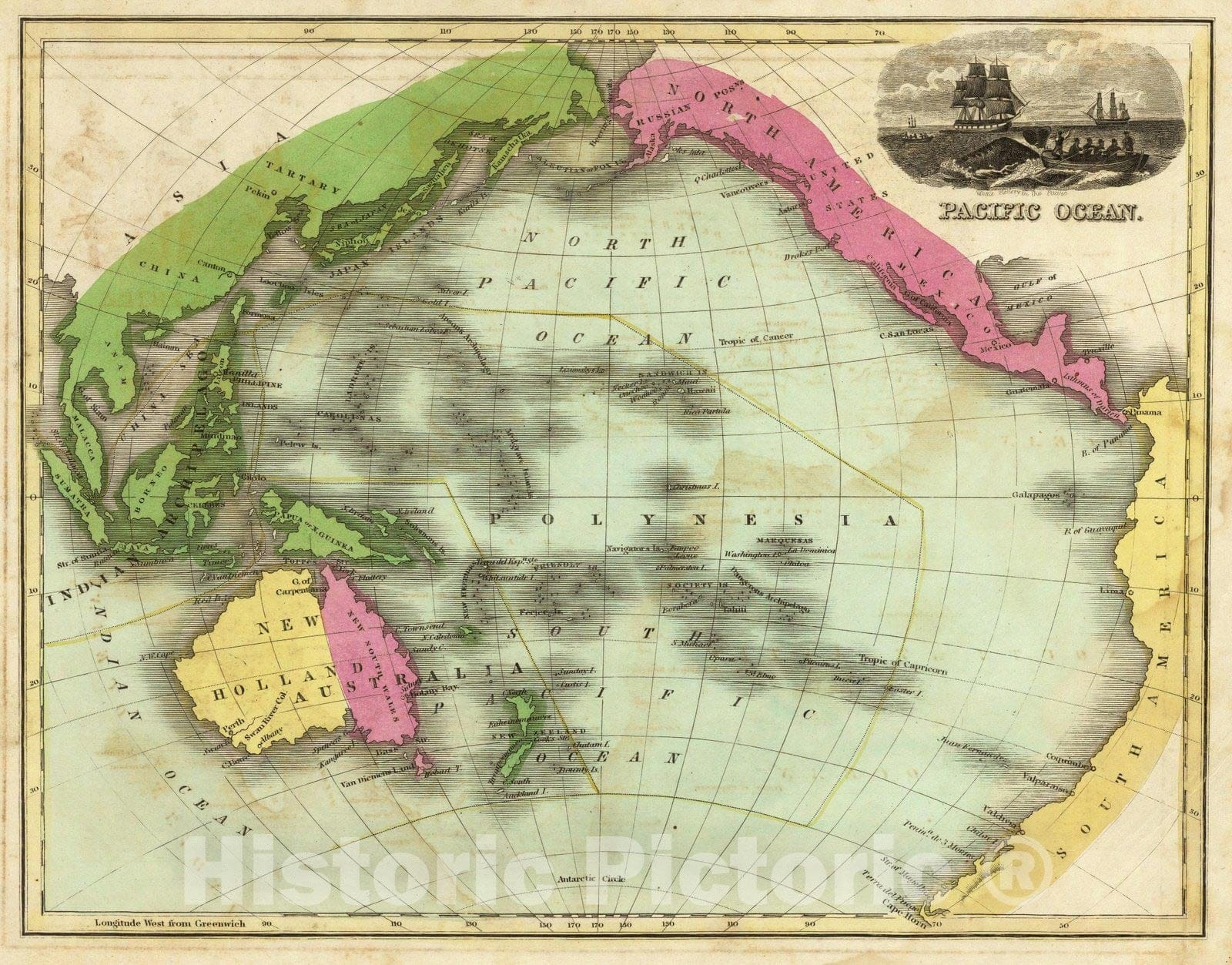 Historic Map : School Atlas Map, Pacific Ocean. 1842 - Vintage Wall Art