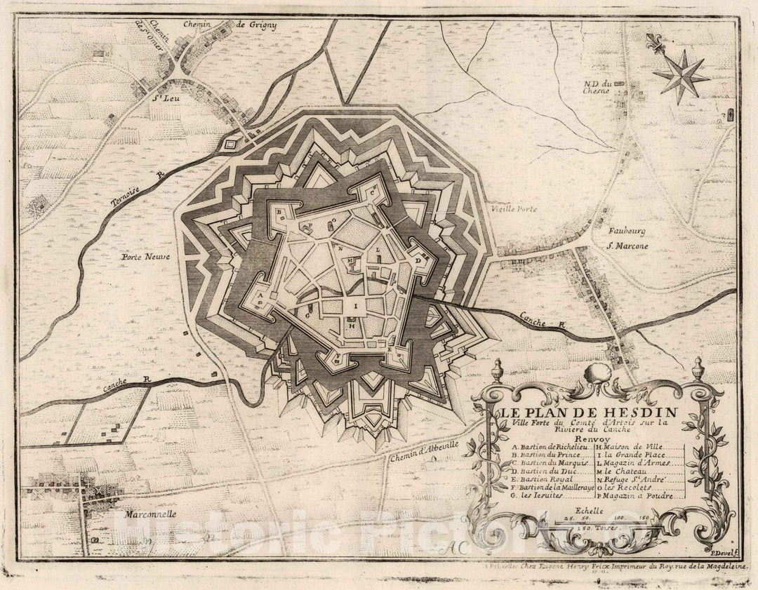 Historic Map : Hesdin, France,70. Le Plan de Hesdin, France. 1727 , Vintage Wall Art