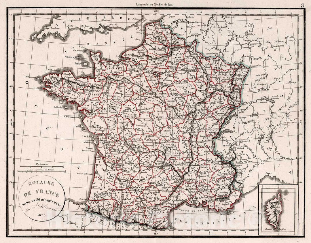 Historic Map : France,Royaume de France Divise en 86 Departmens 1825. 1826 , Vintage Wall Art