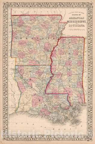 Historic Map - County Map of the States of Arkansas, Mississippi, and Louisiana, 1867, Samuel Augustus Mitchell Jr. - Vintage Wall Art