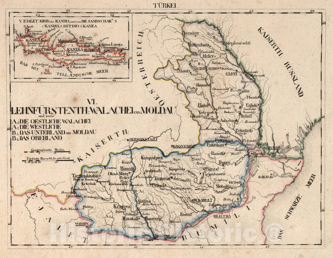 Historic Map : Turkey, Ottoman Empire V.1:1-5: II: Turkei. VI. Lehnfurstenth: Walachei und Moldau. Ejalet Kirid order Kandia 1825 , Vintage Wall Art