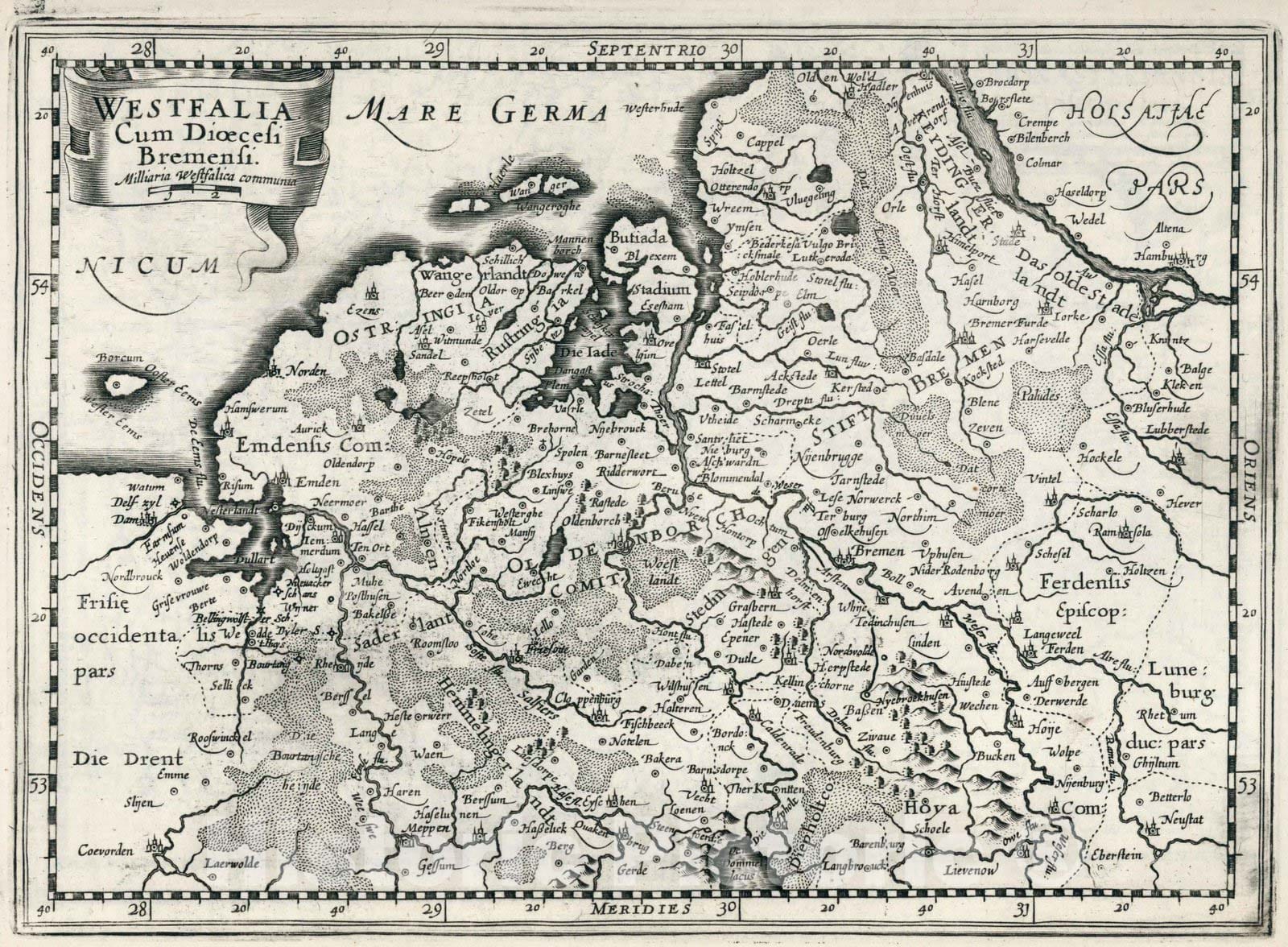 Historic Wall Map : Germany,Westfalia Cum Dioecesi Bremensi 1636 , Vintage Wall Art