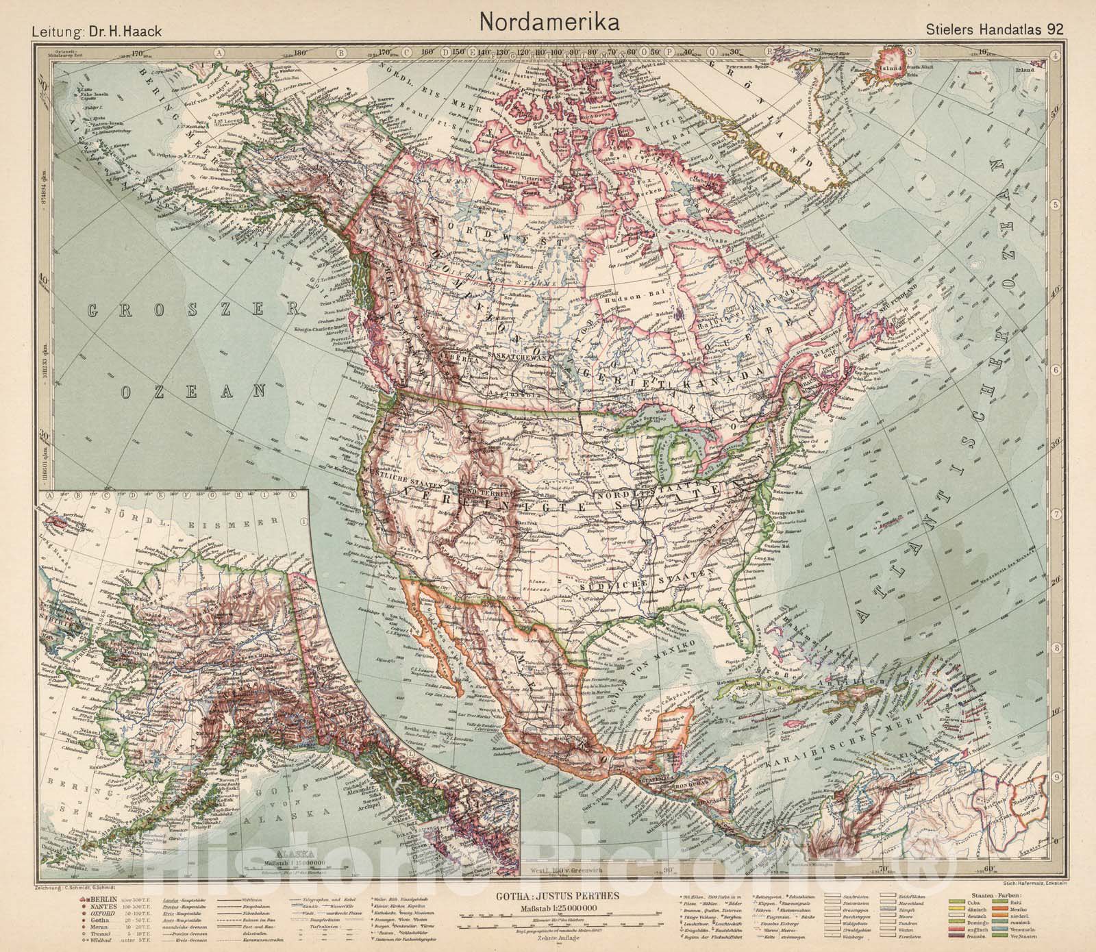 Historic Map : World Atlas Map, 92. Nordamerika. North America. 1925 - Vintage Wall Art