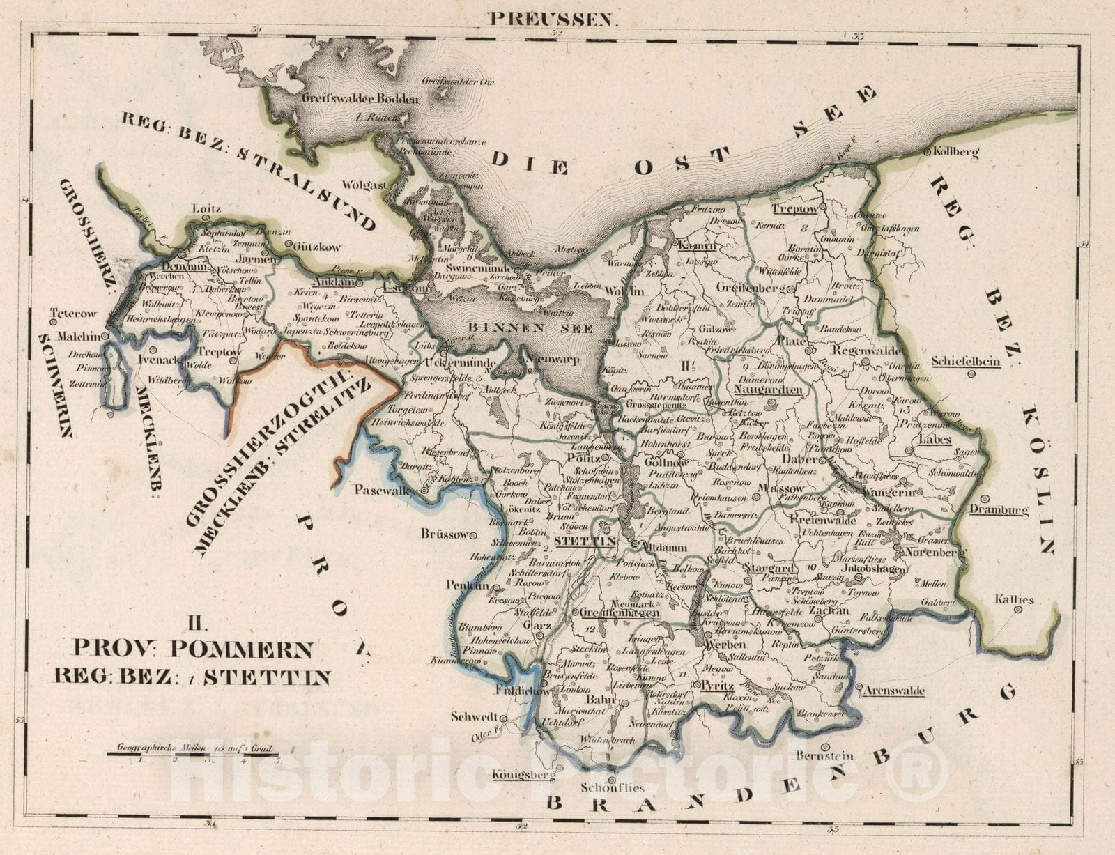 Historic Map : Prussia , Germany, V.2:6-10:IX. Preussen. II. Prov: Pommern. Reg: Bez: 1. Stettin 1825 , Vintage Wall Art